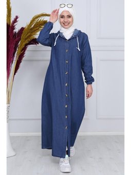 Boydan Düğmeli Kapüşonlu Koyu Mavi Kot Elbise