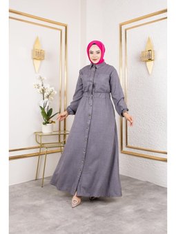 Cep Detaylı Düğmeli Bel Lastikli Gri Elbise