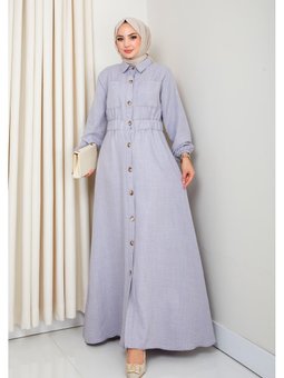 Cep Detaylı Düğmeli Kuşaklı Gri Keten Elbise