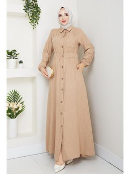Cep Detaylı Düğmeli Kuşaklı Vizon Keten Elbise