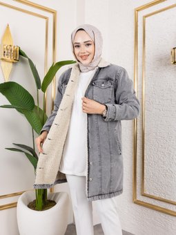 Cepli Düğmeli İçi Kürklü Uzun Gri Kot Ceket