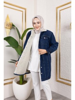 Cepli Düğmeli İçi Kürklü Uzun Lacivert Kot Ceket