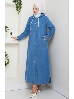 Cepli Düğmeli Kapüşonlu Denim Açık Mavi Trençkot