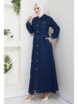 Cepli Düğmeli Ribana Detaylı Kot Lacivert Uzun Kap