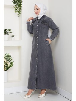 Cepli Düğmeli Ribana Detaylı Kot Siyah Uzun Kap