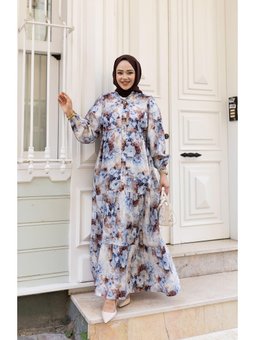 Çiçek Desenli Viskon Düğmeli Beyaz Elbise