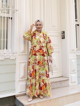 Desenli Viskon Düğmeli Haki Elbise