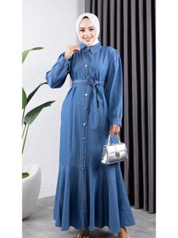 Düğmeli Kuşaklı Kot Elbise
