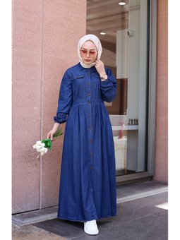 Düğmeli Uzun Kot Koyu Mavi Elbise