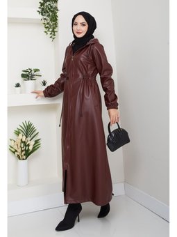 Fermuarlı Kapüşonlu Şardonlu Bordo Deri Kap