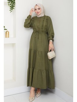 Fırfır Detaylı Düğmeli Haki Keten elbise