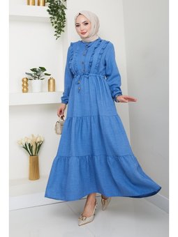 Fırfır Detaylı Düğmeli Mavi Keten elbise