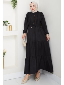 Fırfır Detaylı Düğmeli Siyah Keten elbise