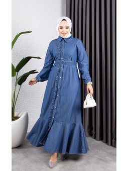 Fırfır Detaylı Kuşaklı Kot Elbise