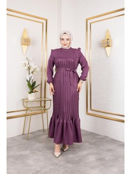 Fırfır Detaylı Kuşaklı Mor Keten Elbise
