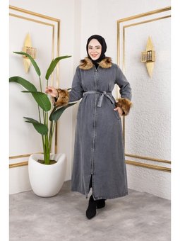 Kürk Detaylı Kuşaklı Astarlı Siyah Kap