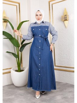 Kuşaklı Çizgili Kot Elbise