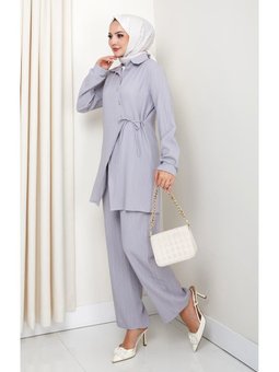 Kuşaklı Düğmeli Çilek Kumaş Gri İkili Takım