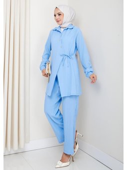 Kuşaklı Düğmeli Çilek Kumaş Mavi İkili Takım