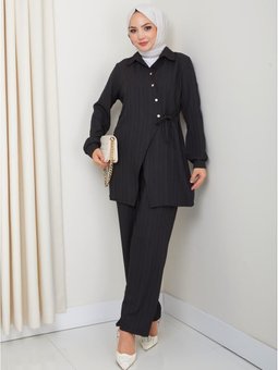 Kuşaklı Düğmeli Çilek Kumaş Siyah İkili Takım