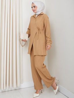 Kuşaklı Düğmeli Çilek Kumaş Vizon İkili Takım