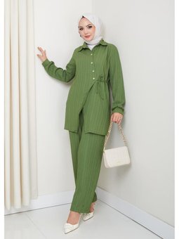 Kuşaklı Düğmeli Çilek Kumaş Yeşil İkili Takım