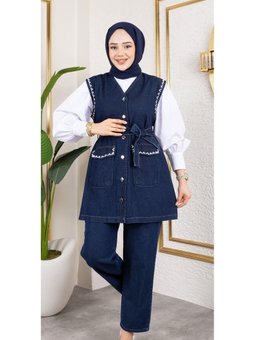 Pantolon 2li Takım Boncuk İşlemeli Kuşaklı Yelek