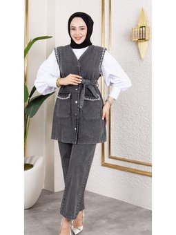 Pantolon 2li Takım Boncuk İşlemeli Kuşaklı Yelek