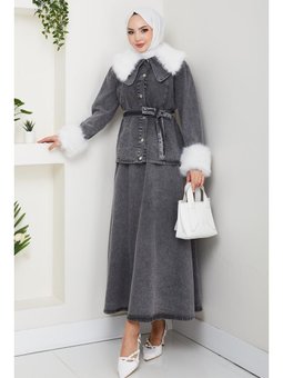 Peluş Detaylı Kuşaklı Kot Siyah İkili Takım