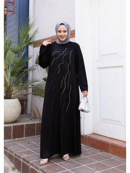 Taş İşlemeli Rahat Kalıp Siyah Elbise