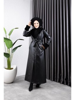 Yakası Görünümlü Astarlı Deri Uzun Trençkot