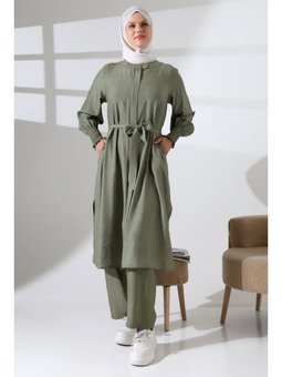 Gizli Fermuarlı Yandan Yırtmaçlı Gipeli Hac Umre Kıyafeti İkili Takım Haki