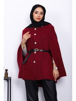 Bordo Kemerli Şordonlu Triko Panço