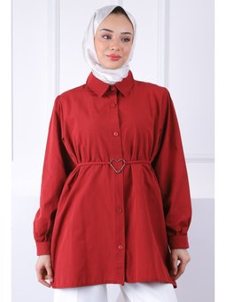 Bordo Kuşaklı Düğmeli Gömlek