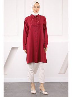 Bordo Önü Taş Detaylı Linda Tunik