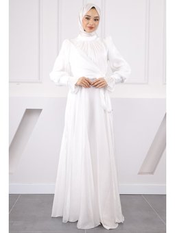 Ekru Yan Bağlamalı Kol Detaylı Abiye Elbise