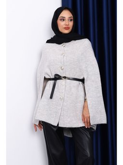 Gri Kemerli Şordonlu Triko Panço