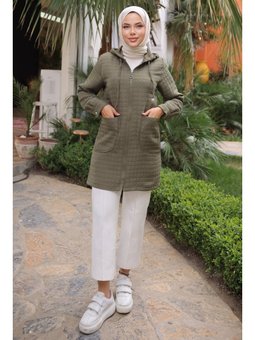 Haki Kapitone Fermuarlı Cepli Kap