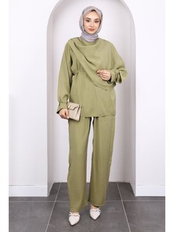 Haki Şal Detaylı Tunik Pantolonlu Takım