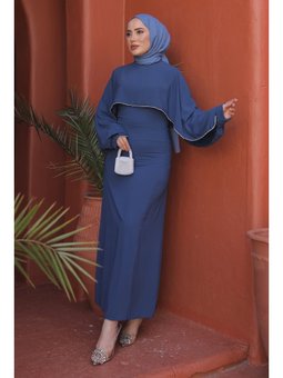 İndigo Kol Detaylı Taşlı Abiye Elbise