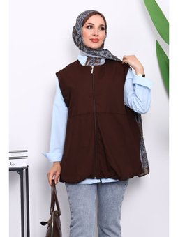 Kahverengi Fermuarlı Oversize Astarlı Yelek