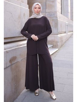 Kahverengi Piliseli Sandy Tunik Pantolon Takım