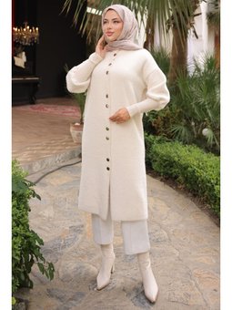 Krem Hakim Yaka Angora Yumoş Kaban Hırka