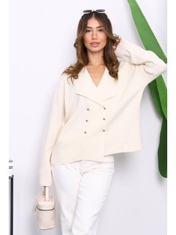 Krem Kruvaze Yaka Düğmeli Triko Hırka