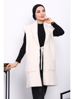 Krem Ön Bağlamalı Cepli Angora Yumoş Yelek