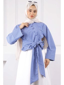 Lacivert Bel Bağlamalı Crop Gömlek