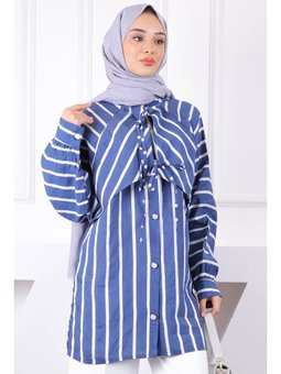 Lacivert Çizgili Yaka Detaylı Gömlek