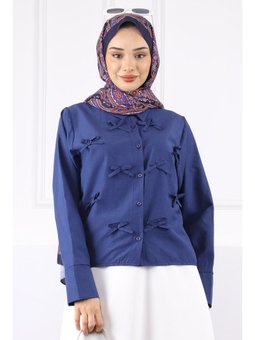 Lacivert Fiyonklu Ön Düğmeli Gömlek