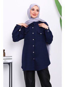 Lacivert Kapitone Çıtçıtlı Cepli Ceket