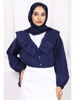 Lacivert Yaka Fırfırlı Düğmeli Gömlek